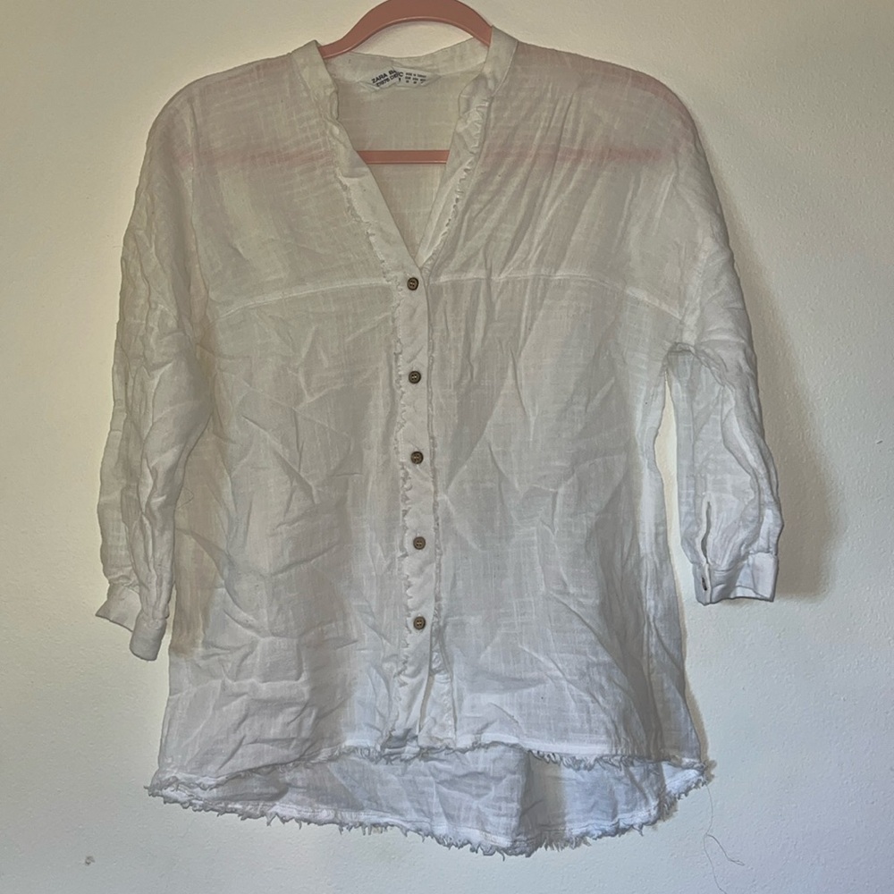 Zara White 3/4 Sleeve Button-up Blouse